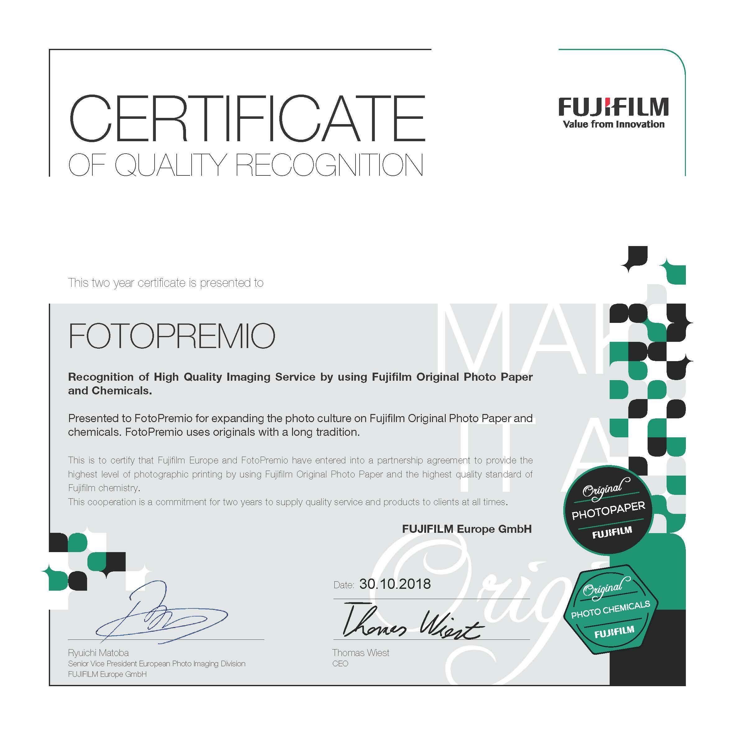 FUJIFILM Zertifikat